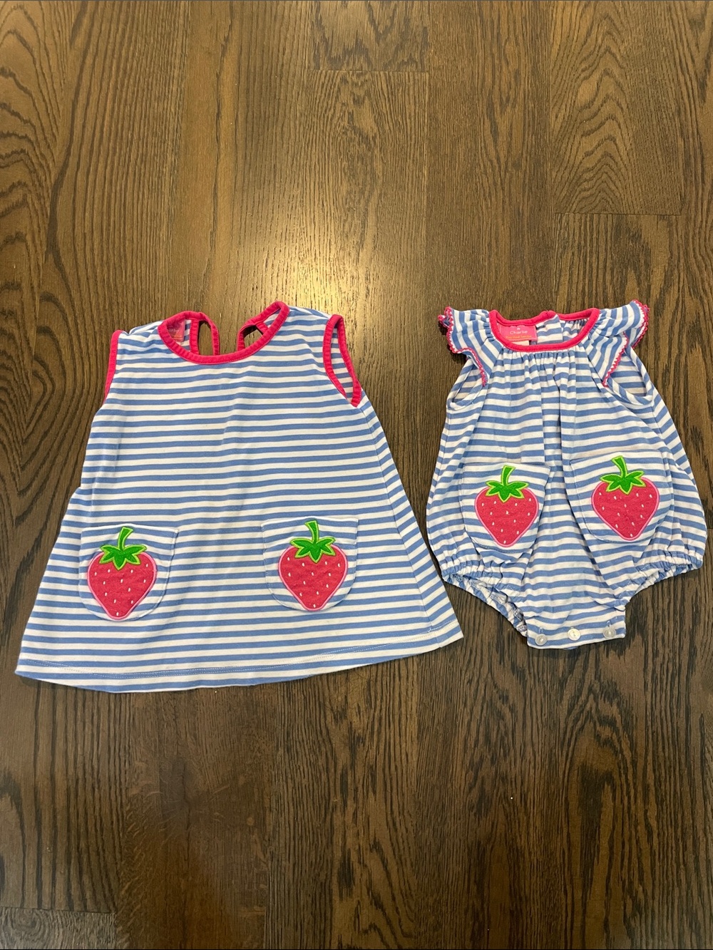 Kids Blue & White Striped Strawberry Dress and Romper Sibling Bundle